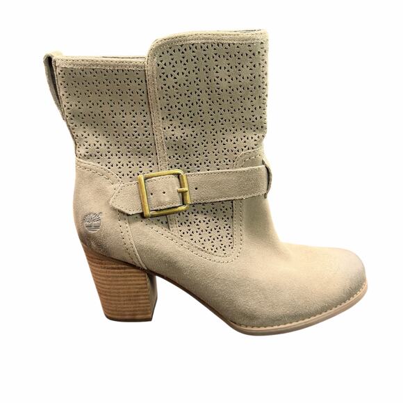 Timberland Savin Hill Mid Beige Suede Perforated Block Heel Boots Women’s 9.5 - Picture 7 of 12